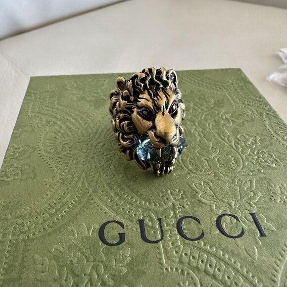 NEW Gucci Lion Head Gold Ring Blue Aquamarine Stone Size 10 IT 5.25 US - Picture 5 of 11
